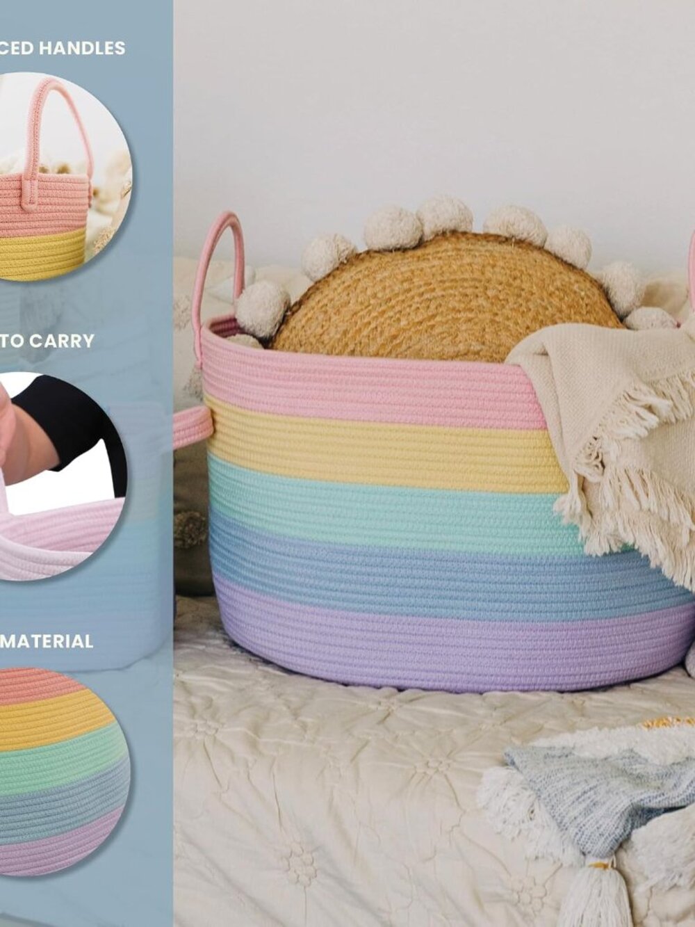Rainbow Toy Basket & Blanket Storage Bin, Nursery 20x13" | Rainbow Pastel - Roun - Picture 3 of 8